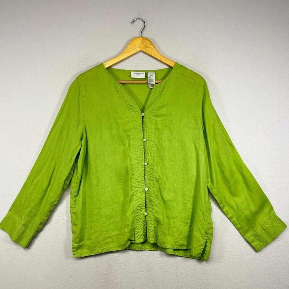 Coastal Linen Liz Claiborne Womens Petite PL‎ Green V-Neck Button Front Blouse